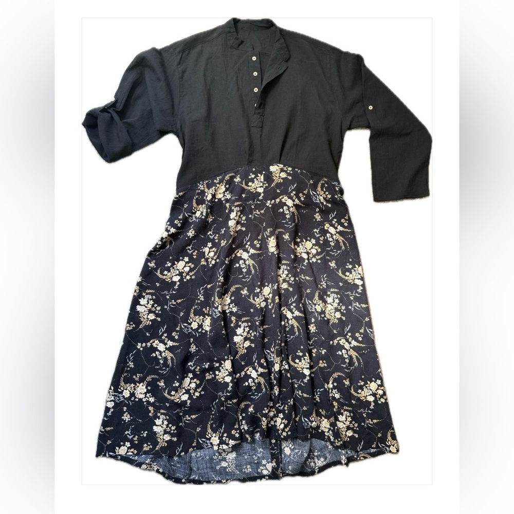 Boho High Low Floral Midi Dress L Organic Cotton Viscose Adjustable Waist - Picture 7 of 11
